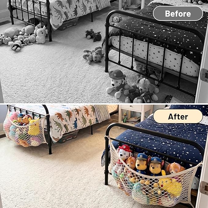 2 Pack Stuffed Animal Storage Net for Kids, Bedside Toy Organizer Net - Neatly Store Your Stuffed Animals, Cotton Bedside Stuffed Animal Storage Net with Tether, Stretches up to 35 Inches, Beige