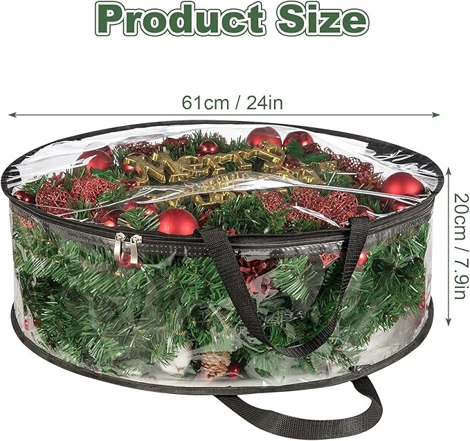 4 PCS Clear Wreath Storage Bag, 24x8 Inch Christmas Wreath Storage Container, Heavy Duty PVC Wreath Protector with Handle for Xmas Holiday Seasonal Wreath Garland (Black)
