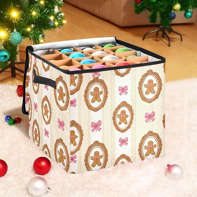 Gingerbread Man Christmas Ornament Storage Basket Box Candy Cane Winter Holiday Storage Container Cube with Adjustable Dividers for 64 Holiday Ornaments or Decorations Keeps Clean and Dry