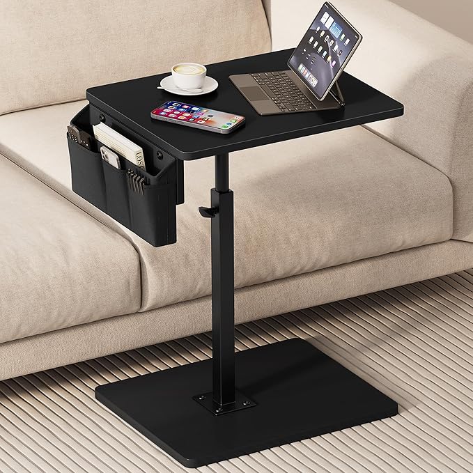 Vagusicc Sofa Armrest Tray Table for Couch, 360° Swivel Height Adjustable TV Tray Table for Small Spaces, Snack Side Table for Couch, Bed, Chair, C Shaped End Side Table for Eating, Reading, Laptop