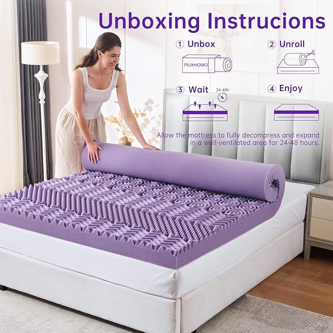 MUXHOMO 2 Inch 7-Zone King Mattress Topper, Egg Crate Foam Memory Mattress Topper King Size for Back Pain, Lavender Cooling Gel Infused Bed Pad, CertiPUR-US and Oeko-TEX Certification (76"×80")