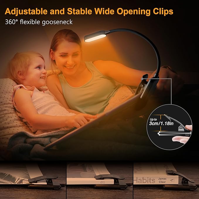 Gritin 16 LED Rechargeable Book Light for Reading in Bed- Eye Caring 3 Color Temperatures, Stepless Dimming Brightness, 80 Hrs Runtime, Lightweight Flexible Clip on Light for Book Lovers