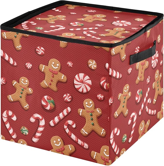 Gingerbread Man Red Christmas Ornament Storage Basket Box Winter Snowflake Bells Xmas Holiday Storage Container Cube with Adjustable Dividers for 64 Holiday Ornaments or Decorations