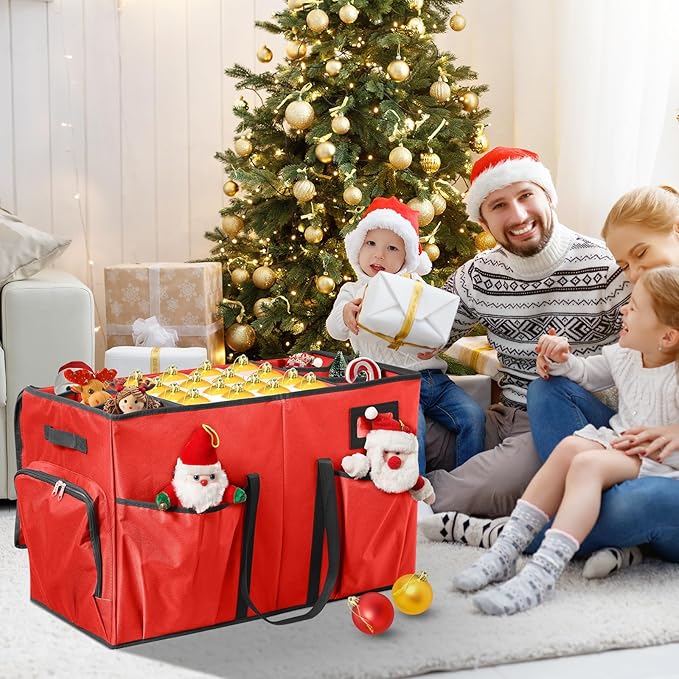 Christmas Ornament Storage Box,2-in-1 Christmas ornament organizer&Christmas Figurine Container,5 Trays,6 Adjustable Christmas Figurine Storage Grids,Red