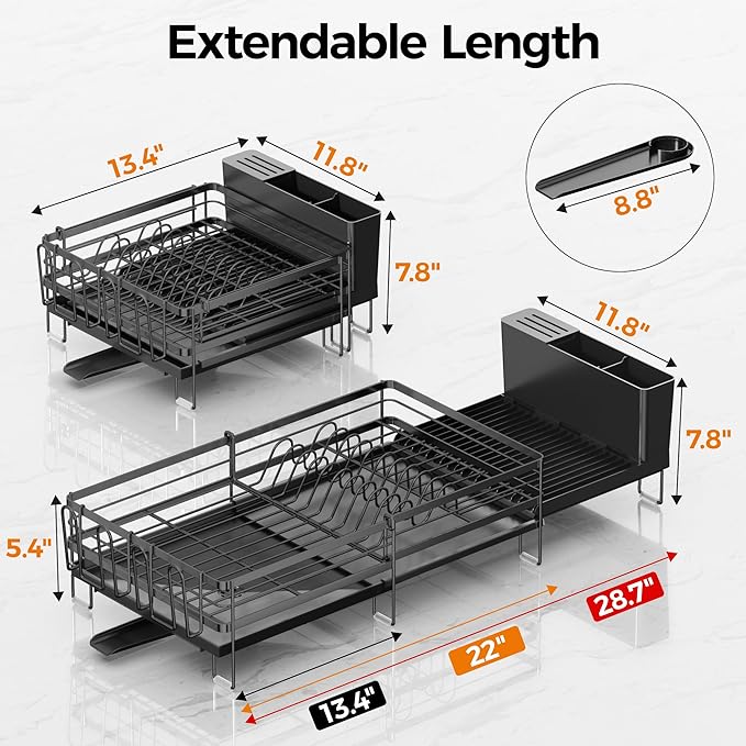 Delamu Stainless Steel Dish Drying Rack, Expandable Dish Drainer, Anti-Rust Large Dish Racks for Kitchen Counter, Dish Strainers with Drainboard, Utensil Holder & Cup Holder, Black