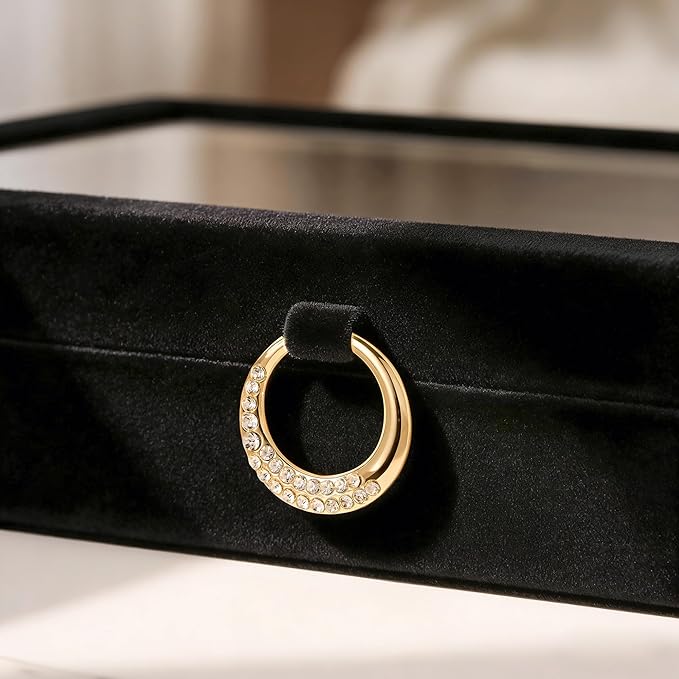 bussdis Glass Lid Jewelry Organizer Box – Black Velvet Jewelry Case with Ring Slots, Necklace Hooks & Removable Compartments for Earrings, Rings & Bracelets