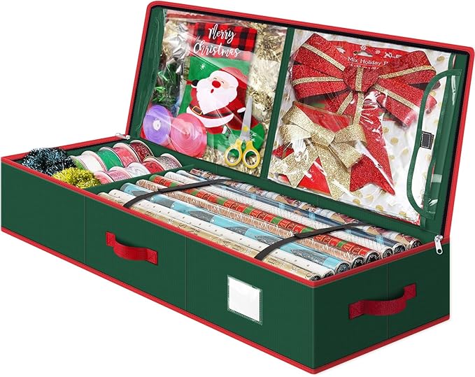 Fabspace Christmas Wrapping Paper Storage Containers, 40 Inch Gift Wrap Organizer, Visible Supplies Pockets for Xmas Accessories, Underbed Storage for Christmas Decorations, Green