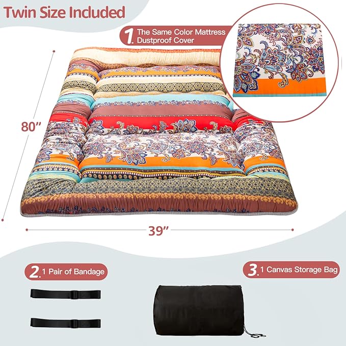 MAXYOYO Bohemian Retro Floor Mattress Vintage Floral Japanese Futon Mattress Roll Up Thicken Sleeping Mat Portable Camping Mattress Floor Lounger Couch Pad, Twin Size