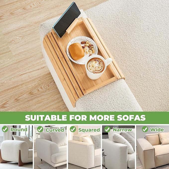 LOVYANXUE Bamboo Sofa Arm Tray, Anti Falling Couch Arm Tray Armrest Table with 360° Rotating Phone Holder, Foldable and Portable Sofa Armrest Trays Cup Holder for Drink,Cups, Phone, Snacks, Remote