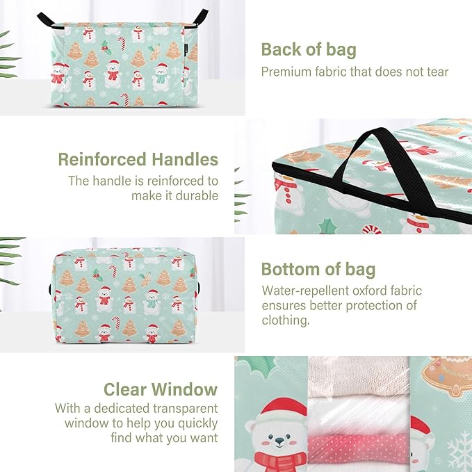 Burbuja 2 Pack Storage Bag Organizer with Handles for Clothes, Blankets, Bedding, Snowmen Tree Foldable Storage Bag with Zipper & Clear Window, 95L