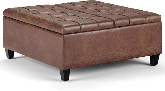 SIMPLIHOME Harrison Coffee Table Storage Ottoman - 36 inch Wide Upholstered Vegan Leather Square Lift-Top Ottoman in Distressed Umber Brown, Transitional Ottoman for Living Room with Storage