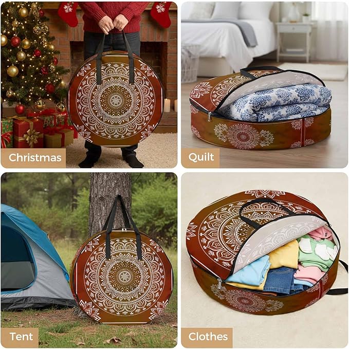 Storage Bag Orange Boho Round Storage Totes Bins Closet Organizers with Zippers & Handle Gorgeous Bohemian Flower Clothes Storage Container for Bedroom Dorm Space Saving Packing Supplies Moving Bags