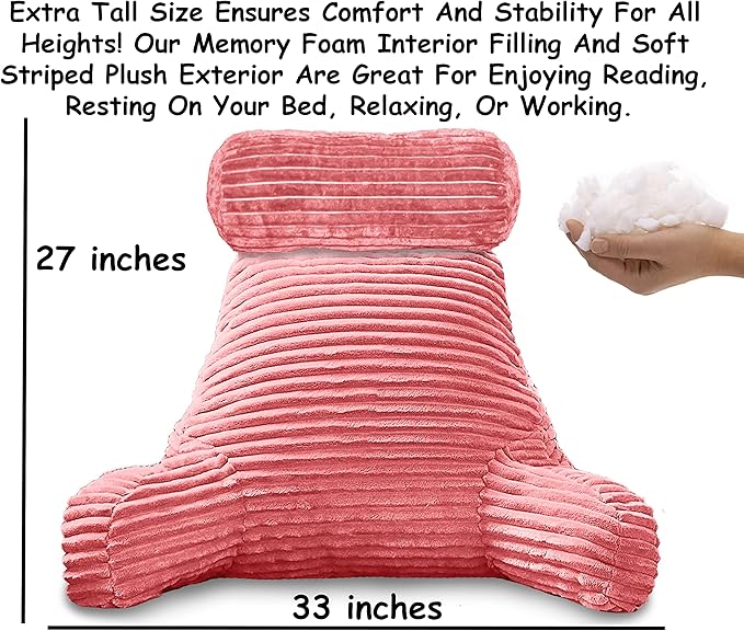 Homie Reading Pillow with Reading Light and Wrist Support, Has Arm Rests, and Back Support for Bed Rest, Lounging, Reading, Working on Laptop, Watching TV (Large, Pink)
