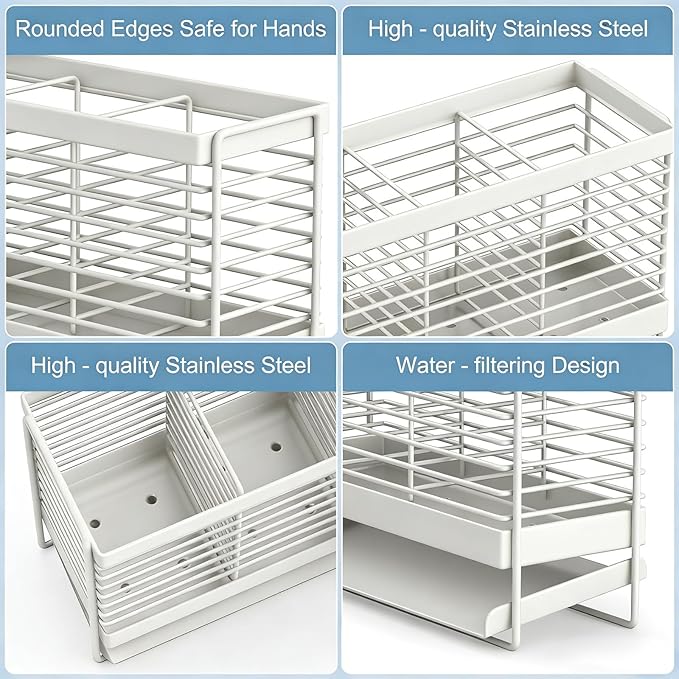 Utensil Holder, Upgrade Stainless Steel Utensil Drying Rack with Automatic Drain Tray for Kitchen Counter, Silverware Cutlery Organizer for Spoons, Forks, Knifes, Chopsticks (White)