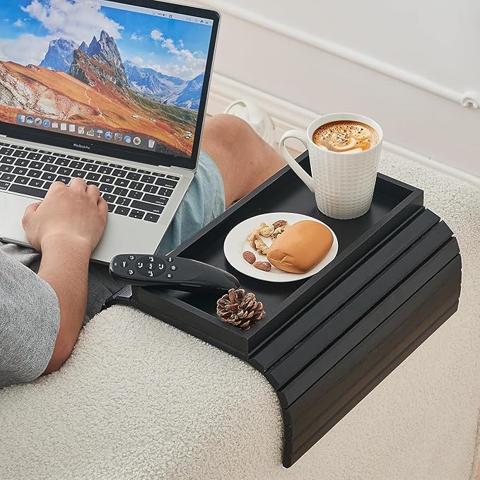 LOVYANXUE Bamboo Sofa Arm Tray, Anti Falling Couch Arm Tray Table, Foldable Couch Armrest Table, Portable Sofa Armrest Trays Cup Holder for Drink, Cups, Phone, Snacks, Remote