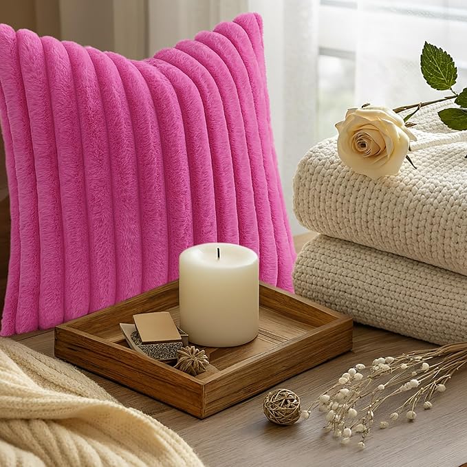 decorUhome Summer Cozy Faux Fur Throw Pillow Covers 26x26 Set of 2 Decorative Soft Plush Striped Modern Farmhouse Boho Couch Euro Sham Pillow Cases with Velvet Back for Sofa Bed Living Room, Hot Pink