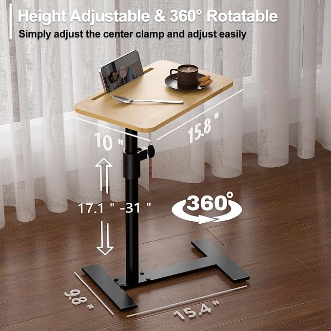 Sofa Armrest Tray Table - 360° Bamboo Swivel TV Trays - Height Adjustable Side Table for Bed or Chair with Phone and Tablet Slots - End Tables for Small Spaces (1, Fair, Standard)