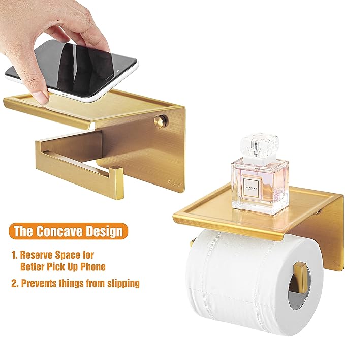 HITSLAM Gold Toilet Paper Holder, Stick on Brushed Brass Toilet Paper Holder with Shelf, Self Adhesive No Drill or Wall-Mount with Screws for Bathroom