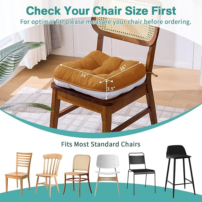 BETU Chair Cushions for Dining Chairs Set of 4,3.5" Thick Kitchen Table Chair Pads with Ties,Non Slip Backing and Covers, Seat Cushion for Dining Room,Bar,Patio Chairs,16"X16"X3.5",Caramel
