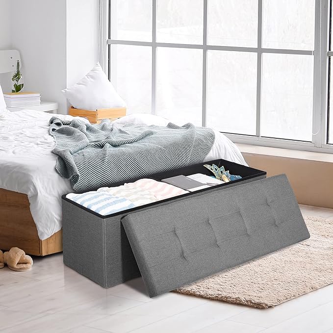 ZenStyle 43Inches Storage Ottoman Bench, Folding Footrest Padded Seat, Storage Chest Long Shoes Bench with Divider, Holds up to 660 lbs, for Living Room, Entryway, Bedroom, Light Gray
