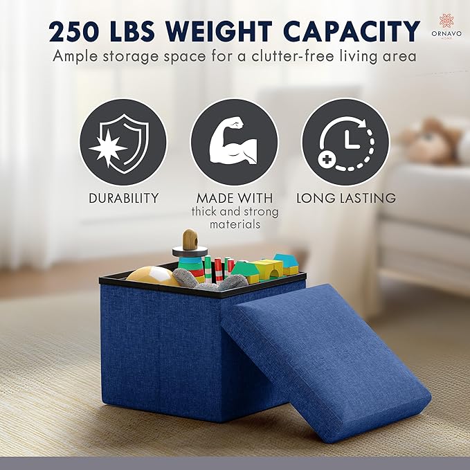 Ornavo Home Small Storage Ottoman Foldable Collapsible Cube Square Linen Ottoman Foot Rest Stool Seat, for Living Room, Bedroom, Home Office, Dorm - 12 x 12 x 12, Navy Blue