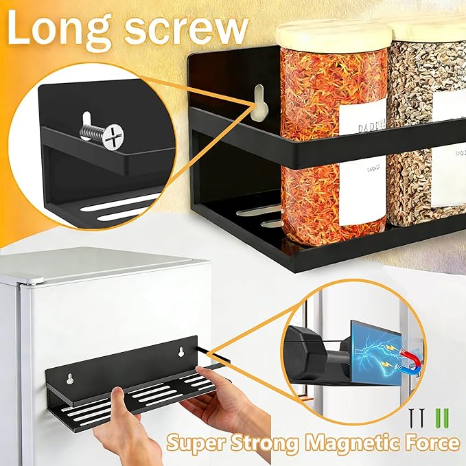 SMRCAD Magnetic Spice Rack for Refrigerator, 4pack Magnetic Shelf for Fridge Space Saving Seasoning Organizer for Any Metal Surface No Drilling Needed (BLACK -cut out, 4pack)
