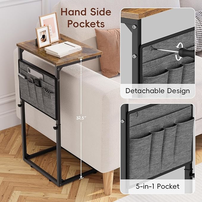 Vagusicc C Shaped End Table, Small Side Table for Couch, Adjustable Height Sofa Table with Metal Frame for Living Room, 33'' Tall Side Table for Couch, Bedroom, Bedside, Rustic Brown and Black