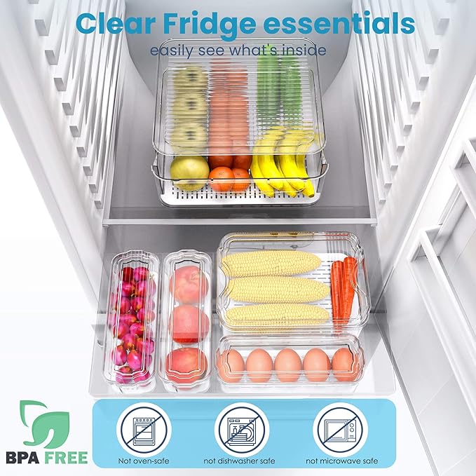 SMRCAD 6 Pack Refrigerator Organizers, Clear Pull-out Drawer Container and Organizer Bins with Lids, Stackable Storage Containers for Fruits, Vegetable (Set of 6 (Include Pull Out Drawer))