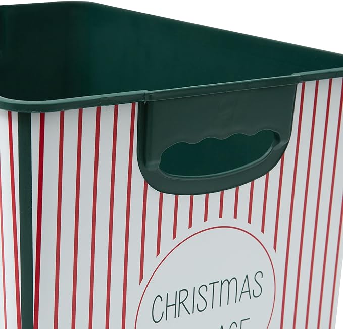 Simplify Christmas Stripe Design Holiday Tote Bin Ornament Storage | Holds 60 Ornaments | Removeable Lid | Easy Carry Handles | Christmas Storage | Green