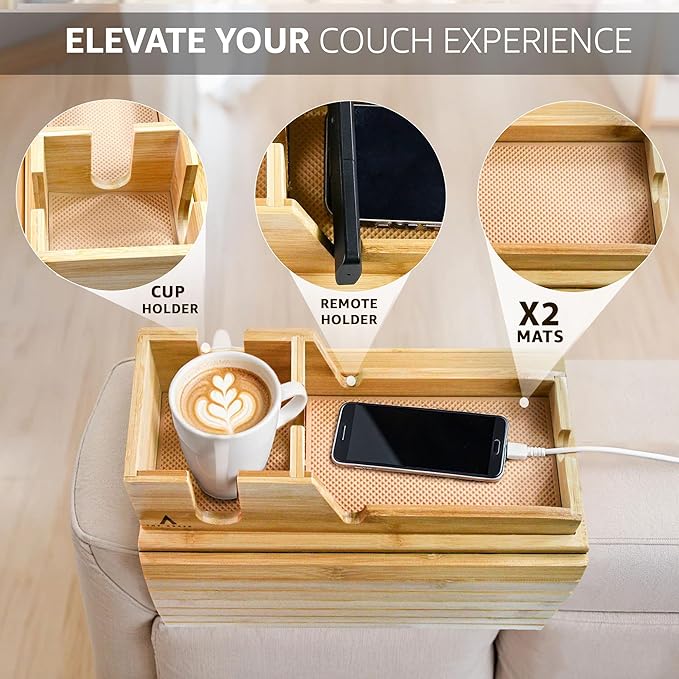 Bamboo Couch Arm Tray with Non-Slip Mats, Slide-Away Upper Tray, Adjustable Fit for Various Sofa Armrests – Ideal for Snacks, Drinks, Remotes and Electronics (Natural)