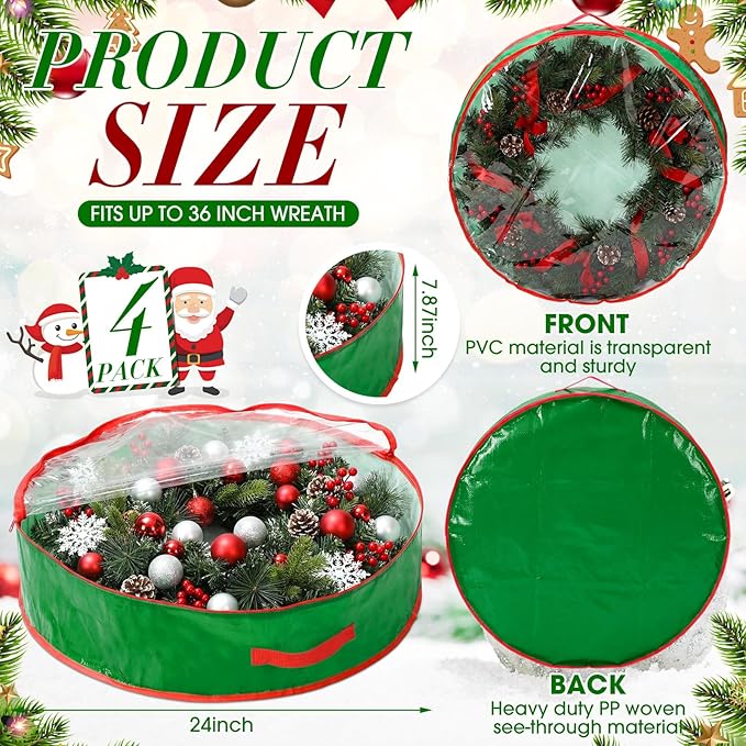 Aliceset 4 Pack Wreath Storage Containers, Ornament Garland Wreath Storage Bags with Handle Zipper Decorative Storages Box for Winter Valentine Wreaths(24 x 24 x 7.8 Inch,Light Green)
