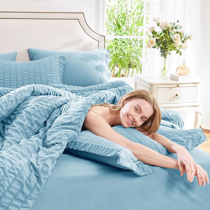 CozyLux Full Size Comforter Sets with Sheets 7 Pieces, Sky Blue Seersucker Bed in a Bag Textured Luxury Soft Bedding Set with Down Alternative Comforter, Sheets, Pillowcases & Shams for All Season
