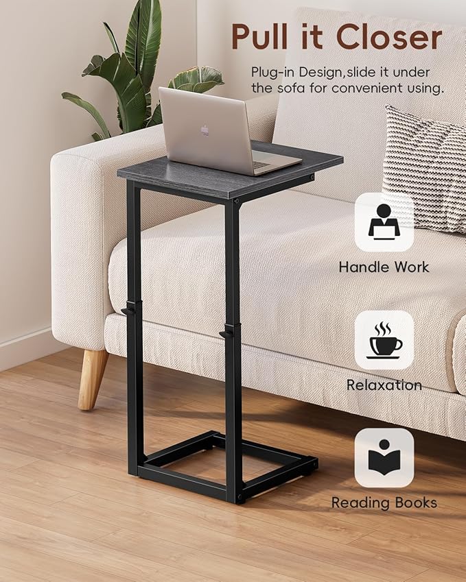 Vagusicc C-Shaped End Table for Couch, 33"Tall Side Table for Sofa, C Table End Table Adjustable Height Couch Table,TV Tray Table BesideTable Slide Under Sofa Table for Living Room,Bedroom,Gray Walnut