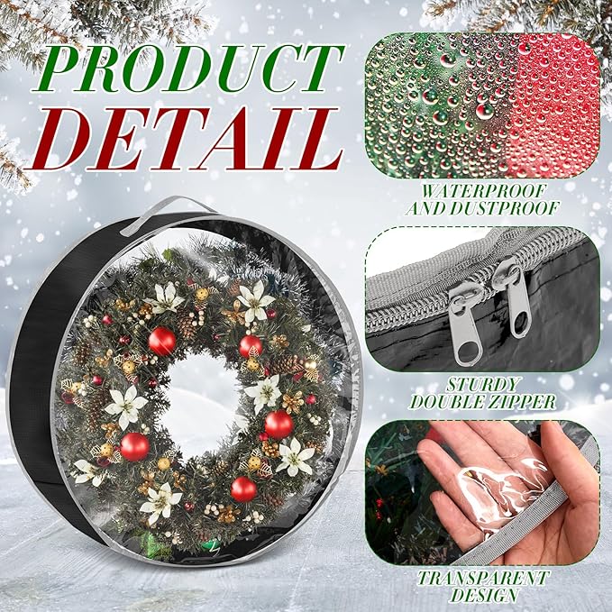 4 Pcs Christmas Wreath Storage Bag, Christmas Garland Storage Container with Clear Window, Zipper & Handle for Xmas Holiday Seasonal Wreath Garland Box(Black,36")