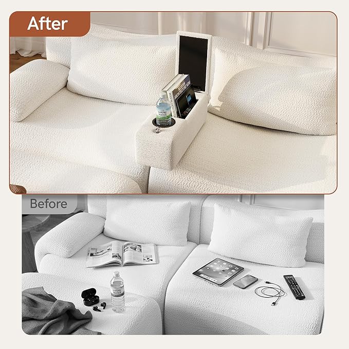 Couch Caddy with Cup Holder Multifunctional Couch Armrest Charging Console Phone Holder Sofa Arm Rest 20.3'' Removable White Chenille Sofa Organizer Remote Snack Storage for Livingroom Couches