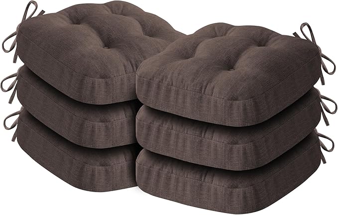 IASEAHK Chair Cushions for Dining Chairs, Dining Chair Cushions, Tufted Indoor Chair Pads with Ties & Non Slip Backing, Seat Cushions for Kitchen Chairs 16.5” x 16.5” x 3.5”, Set of 6, Brown