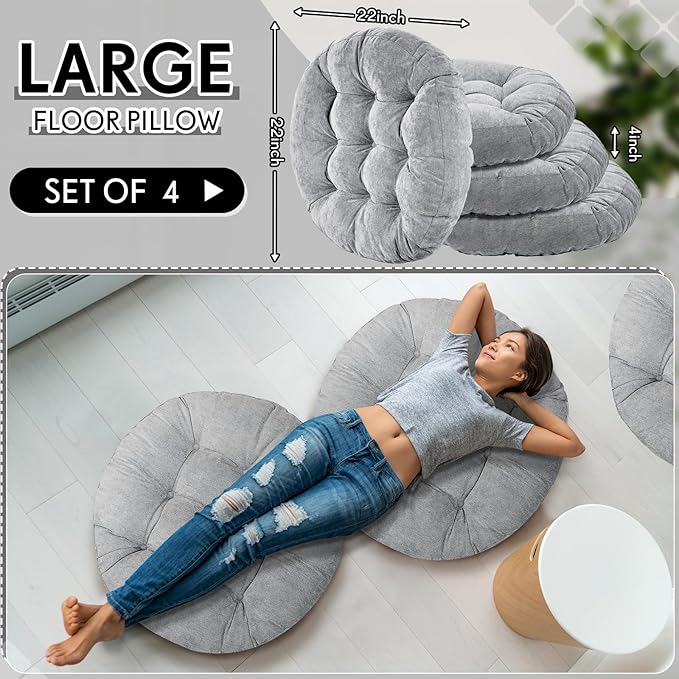 Jerify Floor Pillow Cushions Large Round Square Large Meditation Floor Pillow for Classroom Adult Meditation Picnic Party Seating Learning Daycare School(Round,Light Grey,4 Pcs)