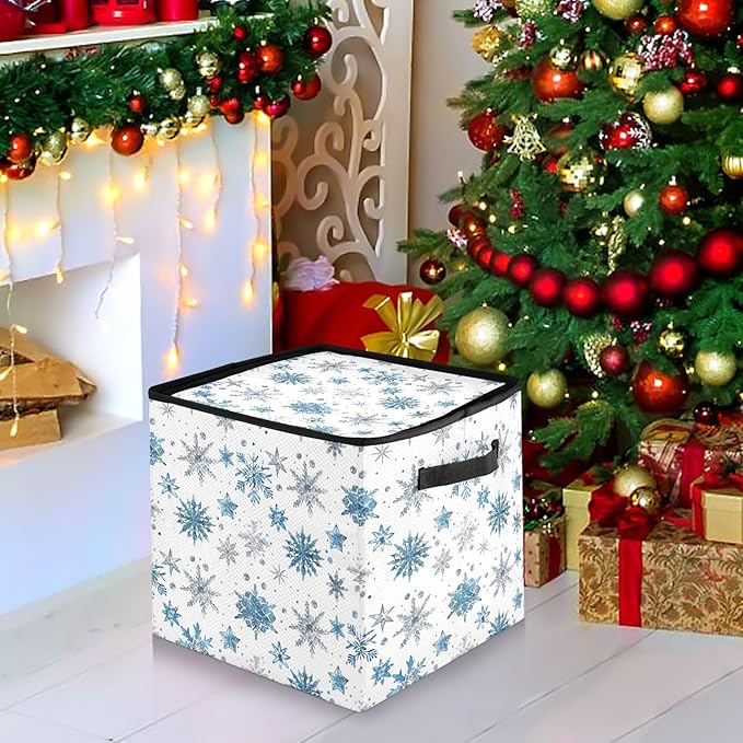 Blue Silver Snowflake Christmas Ornament Storage Basket Box Winter Xmas Holiday Storage Container Cube with Adjustable Dividers for 64 Holiday Ornaments or Decorations Keeps Clean and Dry