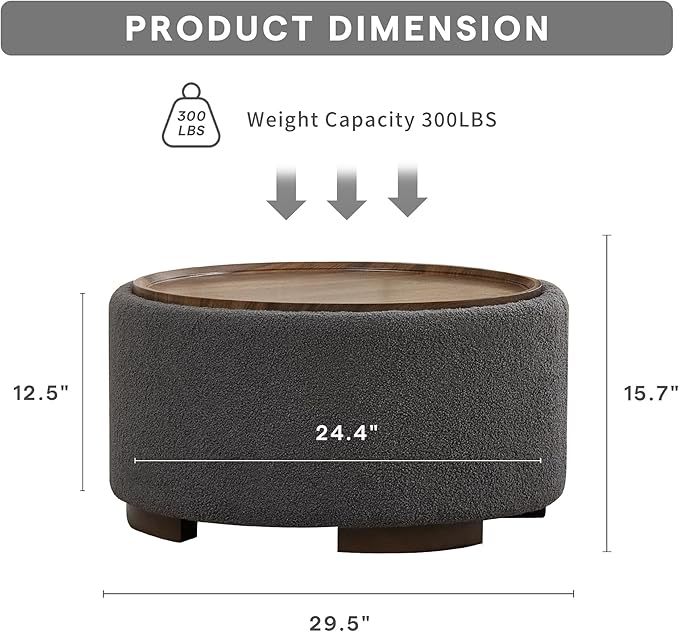 29.5 Inch Round Storage Ottoman Coffee Table,Modern Circle Coffee Table with Storage with Removable Lid Top and Solid Wood Legs,Large Round Ottoman for Bedroom,Living Room,Teddy Fleece,Grey
