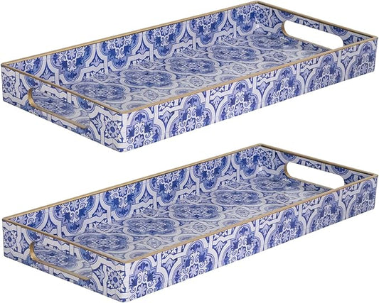 MAONAME Blue Vanity Tray Set of 2, Plastic Decorative Trays with Handles, Small Moroccan Bathroom Trays for Toilet Tank, Dresser Counter, 13.8" X 6" X 1.57"