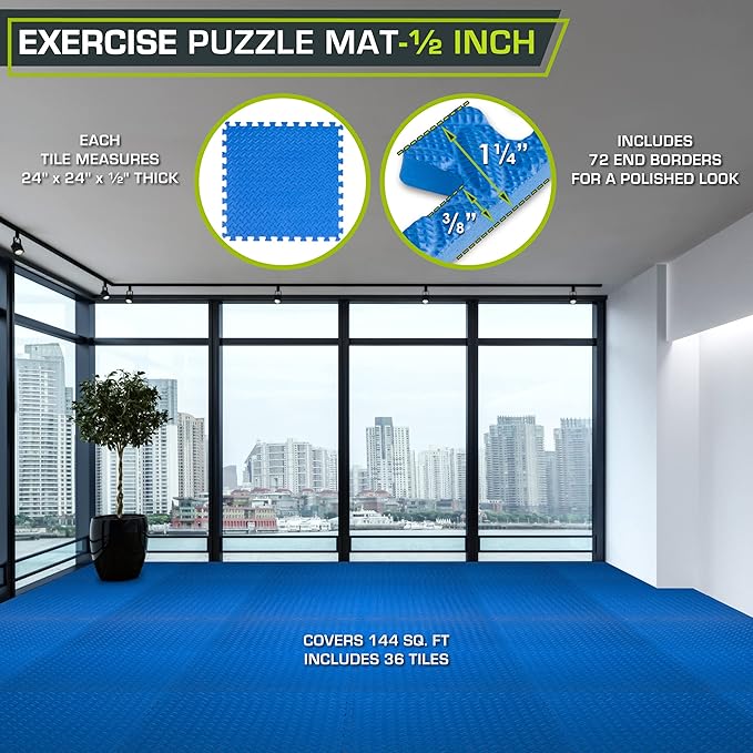 ProsourceFit Puzzle Exercise Mat ½ in, EVA Interlocking Foam Floor Tiles for Home Gym, Water-Resistant Mats Workout Equipment, Floor Padding for Kids, Blue, 24 in x 24 in x ½ in, 144 Sq Ft - 36 Tiles