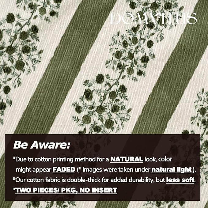 DOMVITUS Floral Throw Pillow Covers 18x18 Inch Set of 2, Block Print Decorative Pillow Covers Vintage Striped Neutral Farmhouse Boho Home Decor for Couch Sofa Bed Living Room, Green