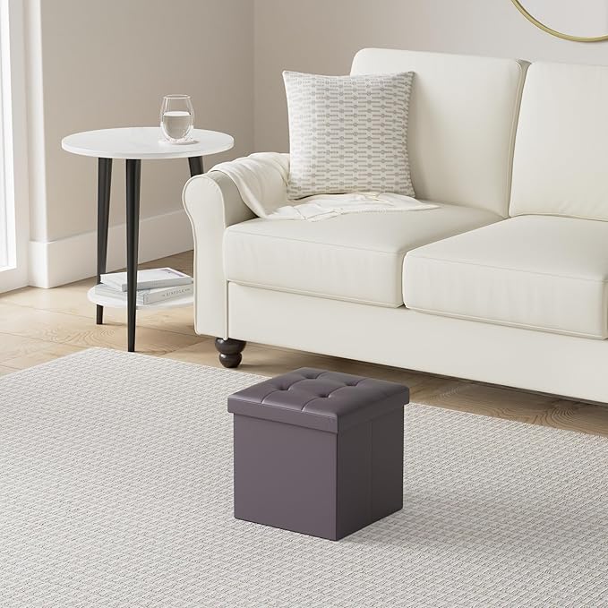 LotFancy Storage Ottoman Cube, Brown Foot Stool Ottoman,13x12x12 inch Square Ottoman with Lid, Faux Leather Seat for Dorm