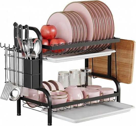 2-Tier Stainless Steel Dish Drying Rack Space Saving Kitchen Organizer for Counter, in-Sink, or Over-Sink Use, Includes Removable Drain Tray, Cutlery Holder,Utensil Holder Black