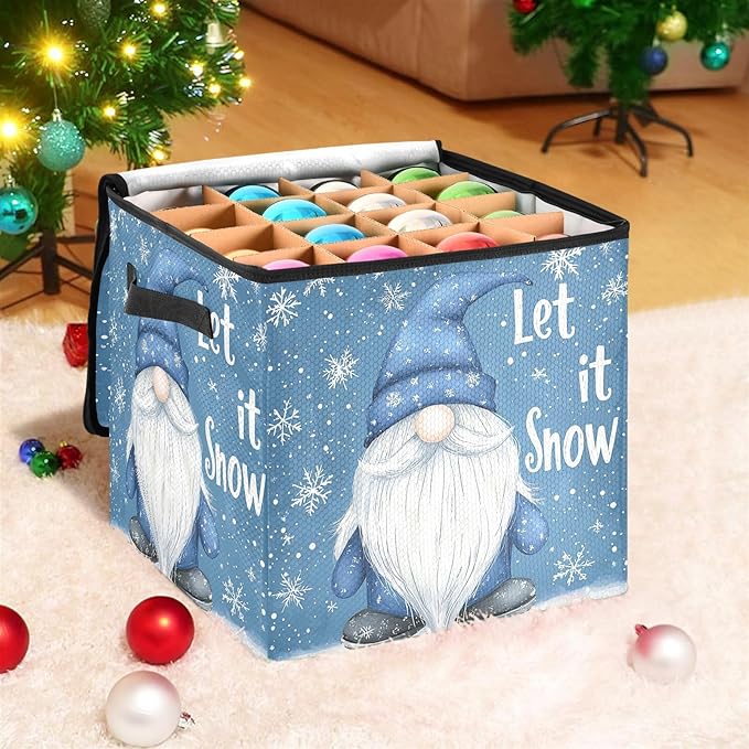Winter Gnomes Christmas Ornament Storage Basket Box Let it Snow Snowflake Holiday Storage Container Cube with Adjustable Dividers for 64 Holiday Ornaments or Decorations Keeps Clean and Dry