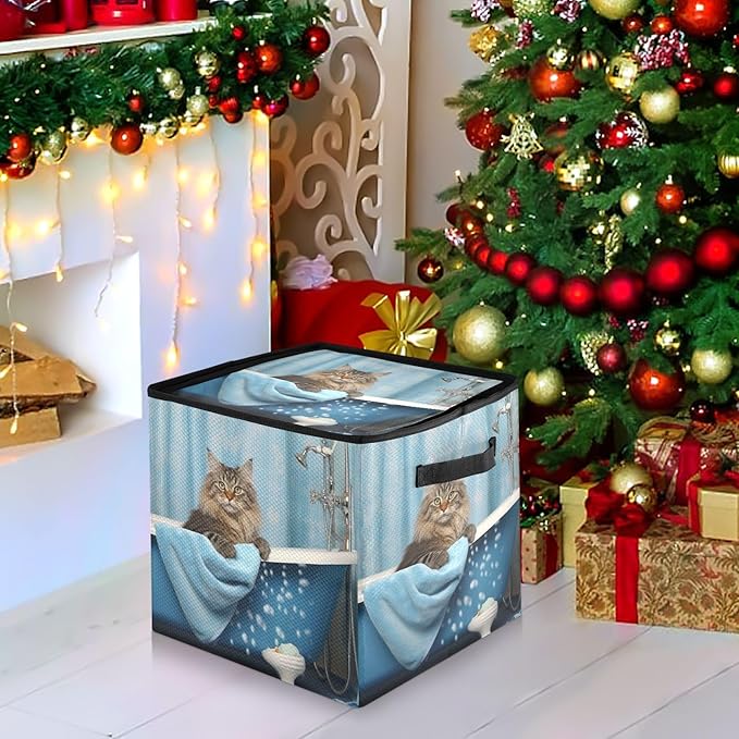 Kigai Bathroom Cat Christmas Ornament Storage Box with Zipper & Adjustable Dividers Holiday Ornament Organizer Xmas Storage Container, 64 Balls