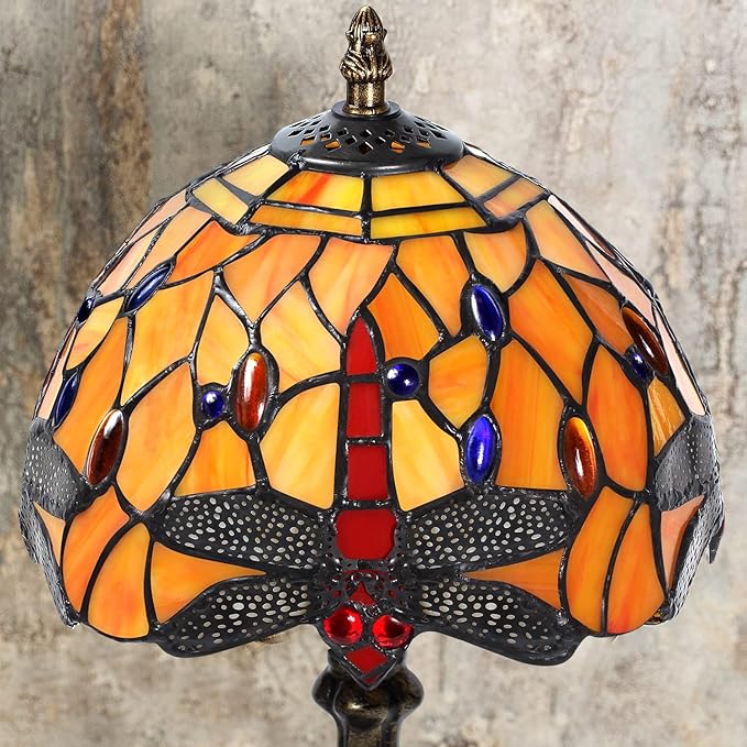 MIAOKE Stained Glass Table Lamp,Stained Glass Crystal Bead Style Table Light,Handmade Desk Bedside Night Light,Antique Art Craft Gifts Lover Living Room Bedroom Bookcase (Orange Dragonfly)