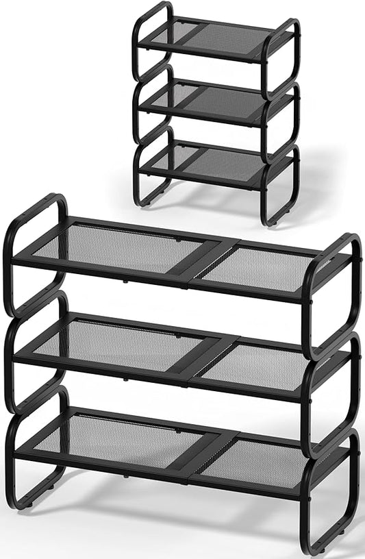 3 Tier Shoe Rack - Expandable Shoe Organizer for Closet, Adjustable Metal Shoe Shelf Storage, Stackable Long Shoe Stand Holder for Garage, Entryway, Door Entrance