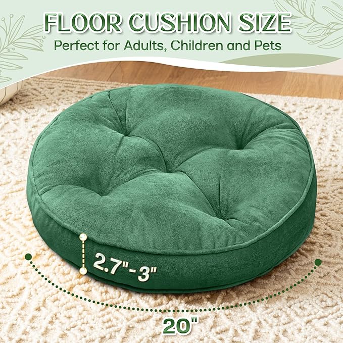 1 MIDDLE ONE Floor Pillow Set of 2, Memory Foam Meditation Cushion, Floor Cushions for Adults Sitting, Large Round Seat Cushions for Yoga, Living Room, 20x20 Inch (Round | Green)