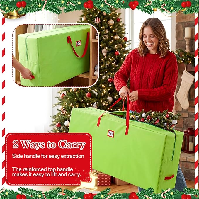 7.5 ft Christmas Tree Storage Bag Heavy Duty 420D Oxford Artificial Christmas Tree Bag with Reinforced Handles Dual Zippers Card Slot Wide Opening Extra Large Storage Container, Green